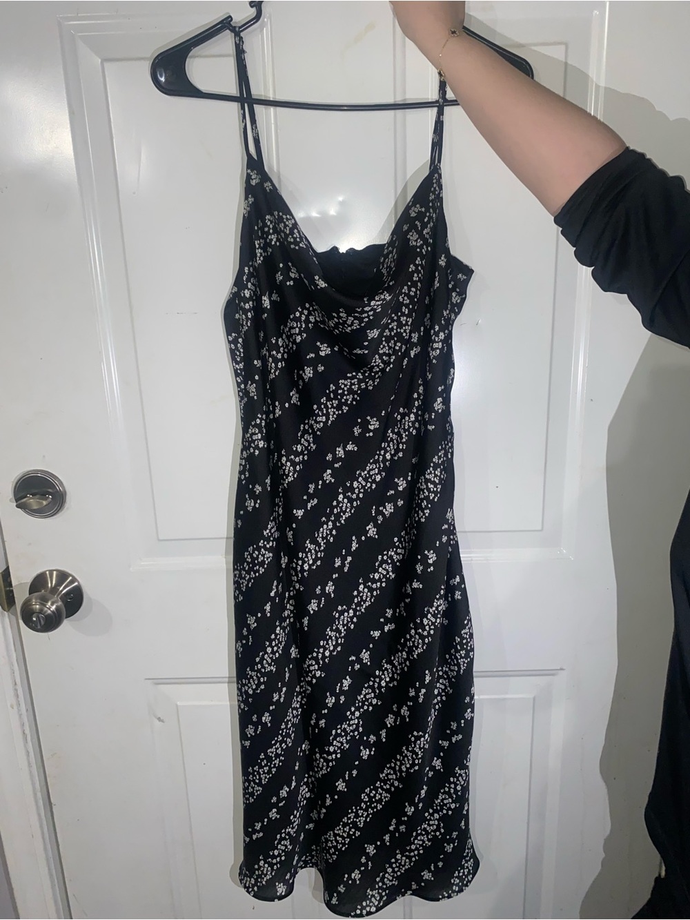 Black Floral Midi Slip Dress with White Print - Women's Elegant Cowl Neck